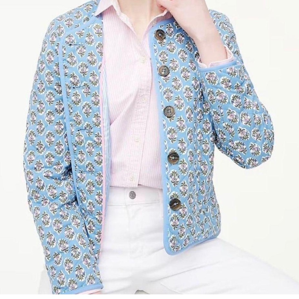 J.Crew Block-print Floral Quilted Jacket In Quiet Harbor Blue New
